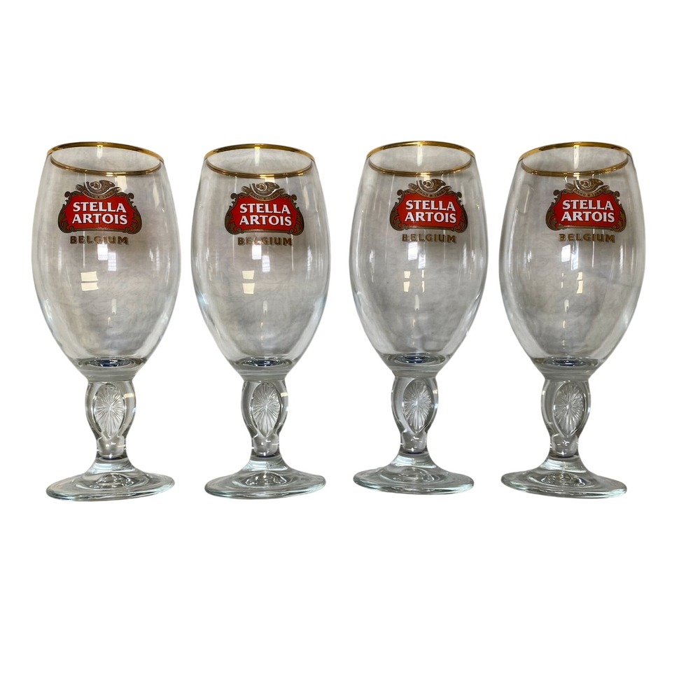 Set of 4 Stella Artois 33cl Gold Rim Belgium Beer Chalice Goblets 7.5" Glasses